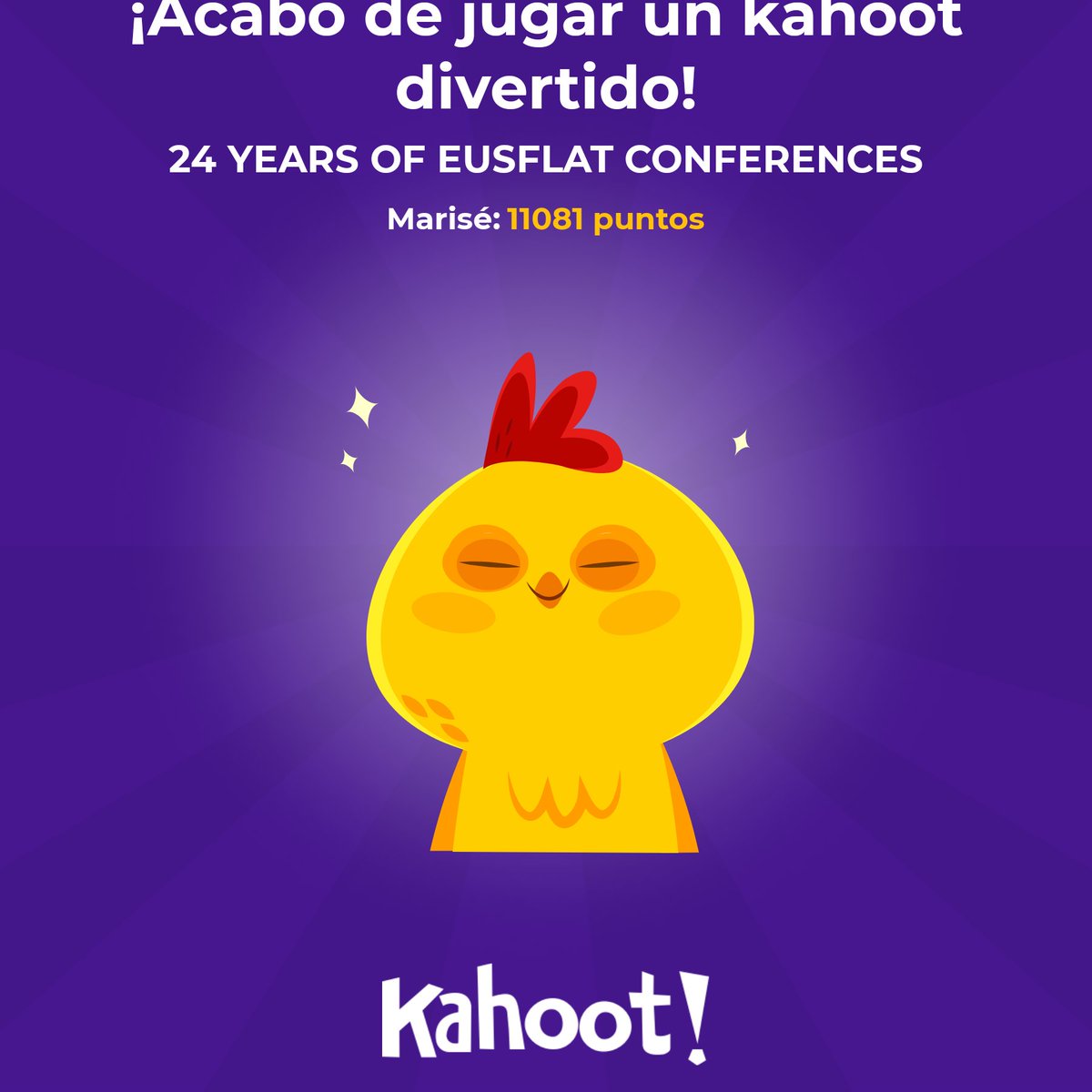 ESCIMconference's tweet photo. ¡Hola, acabo de jugar el @kahoot “24 YEARS OF EUSFLAT CONFERENCES”! 🎉 Juega y crea quizzes con Kahoot!: https://t.co/F5Gblx1rpk @eusflat2023 https://t.co/wDcwbmZFXL