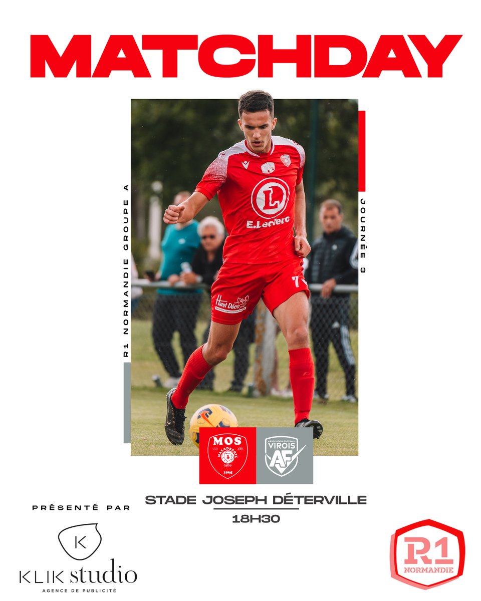 MaladrerieCaen's tweet photo. MATCHDAY 🛡 présenté par notre partenaire @klikstudiocaen ⚡️
La grande première à Déterville pour cette saison 23/24 ! Réception d'un promu ce soir au programme pour nos Rouges & Gris 💪
⚔️ @afvirois B
🏟 Stade Joseph Déterville
⏱ 18h30
#MOSAFV #R1Normandie https://t.co/YkVFQU85nI
