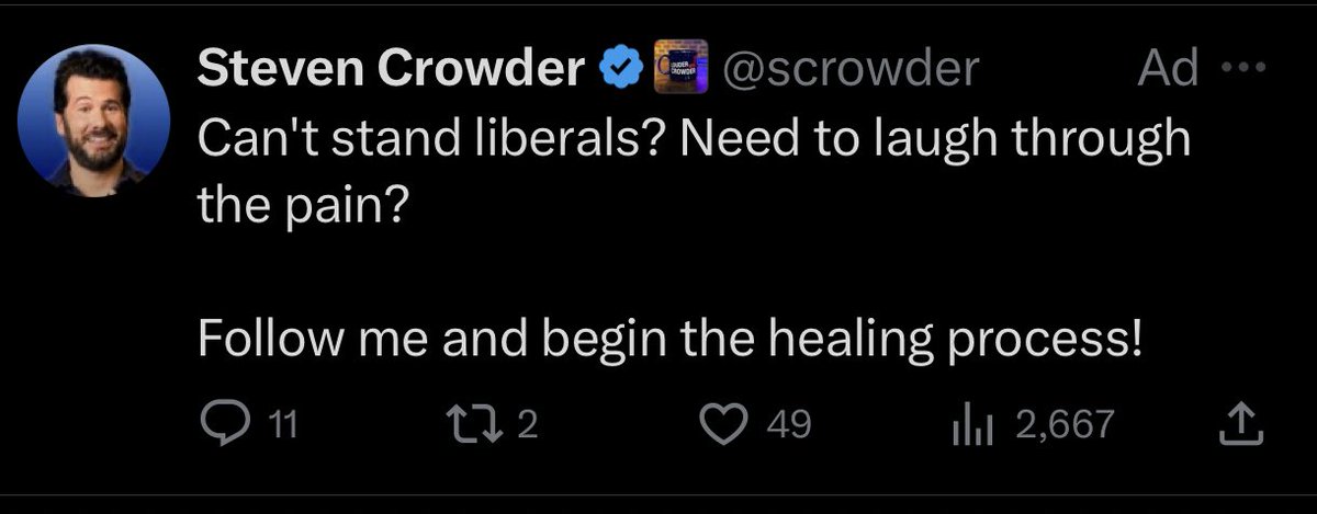Steven Crowder has fallen off so hard that he’s running Twitter ads just to get double digit engagement