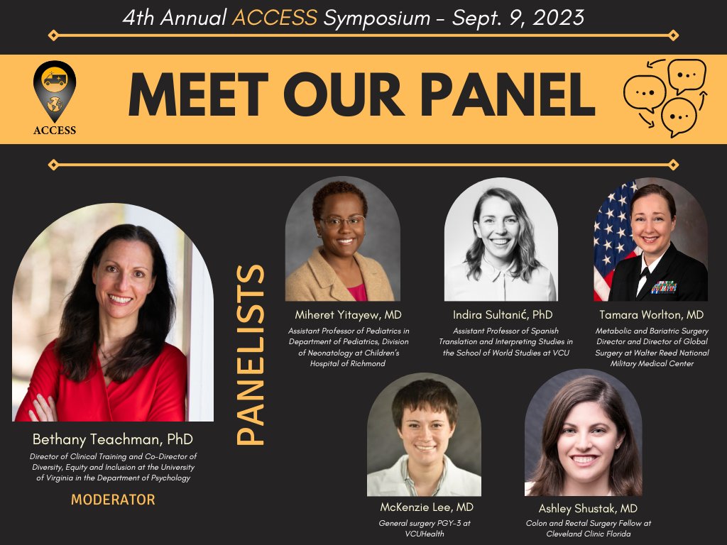 2 days away from the ACCESS #Symposium on #GlobalHealth ~ Introducing our moderator and panelists for our panel on implicit bias this Saturday 9/9! @TeachmanBethany @MihretY @WorldStudiesVCU @tamara_argyle @mckenziegklee @TravelinAshley Register here: eventbrite.com/e/2023-access-…