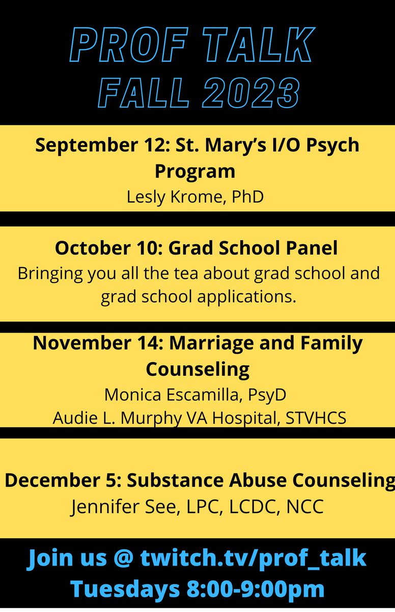 Prof_Talk_UTSA's tweet photo. We're back in action this fall! @swanamama and @GROWTHLabUTSA will tackle I/O psychology, family counseling, substance abuse counseling, and #graduateschool #applications this fall. Tuesdays at 8PM CST at https://t.co/QDxomBJTxz #UTSA #psychology https://t.co/QuT5S2YaWo