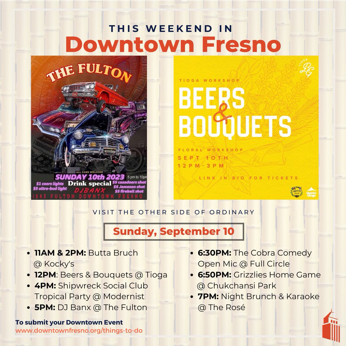 WEEKEND ROUNDUP! Keep that ArtHop energy going for the weekend in Downtown! 🌆 With the last games of the regular season for the Fresno Grizzlies and so much more going on, you won't want to be anywhere else ⚾️🐻