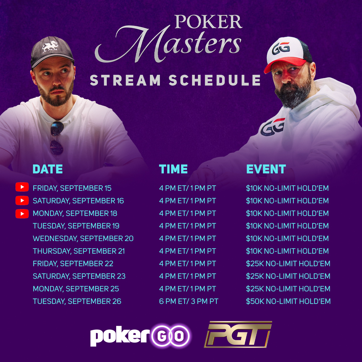 PokerGO's tweet photo. The hunt for the Purple Jacket starts next week in the Poker Masters! 

Livestreams start on Friday, September 15 with Event #1: $10,000 No-Limit Hold'em and will run through the $50,000 finale! 

The first three events will be free to watch on our YouTube channel! https://t.co/btMBkfHzQ0