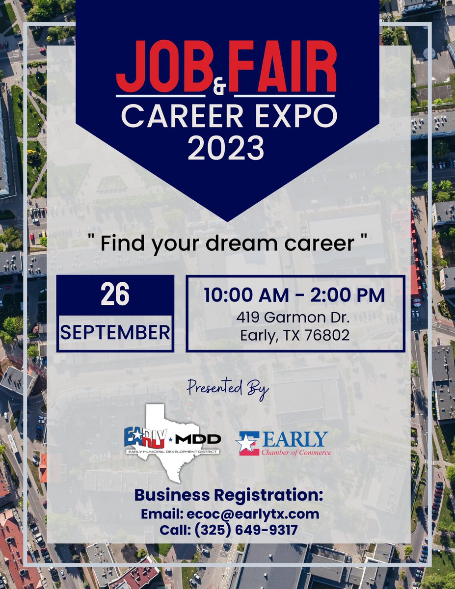 The Early Municipal Development District & #Early Chamber of Commerce are hosting a #JobFair at the Early Visitors & #Events Center on September 26th from 10AM-2PM.

#BrownCounty businesses are welcome to come & promote their #jobopenings. To register contact ecoc@earlytx.com