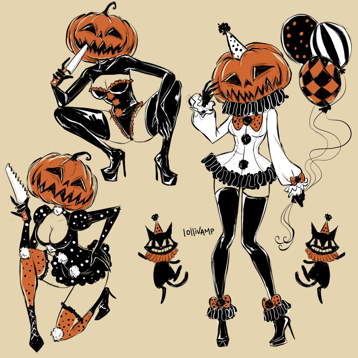 lollivamp's tweet photo. I really love vintage spooky circus vibes, so here's some pumpkins sketches 🎃🖤🤍
.
.
.
.
.
#pumpkinhead #halloween #spooky #goth #circus #alternativestyle #latex #illustration #art #characterart #fashionillustration https://t.co/8mSpBR06GQ