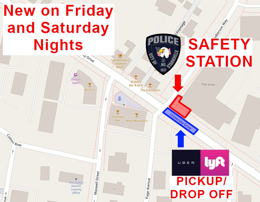 New Cotton District Safety Station and Rideshare Pickup/Drop Off

Friday, September 8, 2023, the Starkville Police Department will begin operating a safety station and rideshare pickup/drop off in the Cotton District.  The areas will be in operation this fall on Friday and
