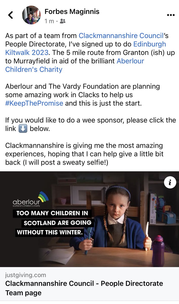 ForbesMaginnis's tweet photo. As part of a team from @ClacksEducation People Directorate, I’ve signed up to @thekiltwalk #WeeWander (5 miles) in aid of @AberlourCCT and their work in Clacks
Please see FB screenshot & link below. If you can donate it would be massively appreciated🏃
https://t.co/pHNlCgWmZq https://t.co/bvwzCtjzIp