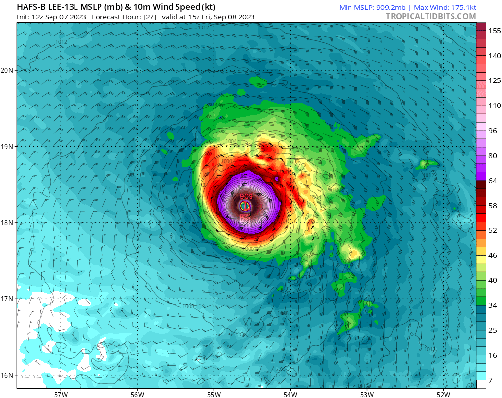 meteo_tropicale's tweet photo. Ok, alors là ça devient flippant.

Le HAFS-B prévoit désormais une intensité de 175 kts (324 km/h) en vent soutenu (donc rafales plus fortes) à 27h.

Si ça venait à se produire #hurricaneLee serait le cyclone le plus puissant de l'histoire (depuis que l'on mesure) dans le monde. https://t.co/qIJdb0Xlsh