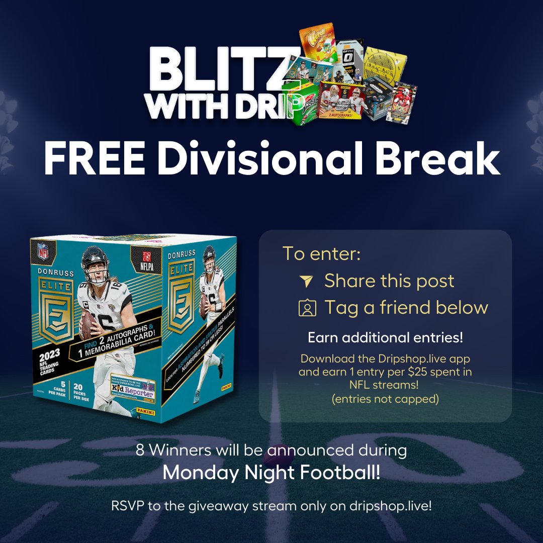 🏈❗ NFL Blitz with Drip Giveaway 🏈❗

To celebrate the beginning of Blitz with Drip, we're giving away A FREE Divisional break to 8 lucky collectors who join the stream👇🆓

To Enter: Simply Retweet &amp; Tag a friend. Earn additional entries per $25 spent on Drip 🔥🏈
