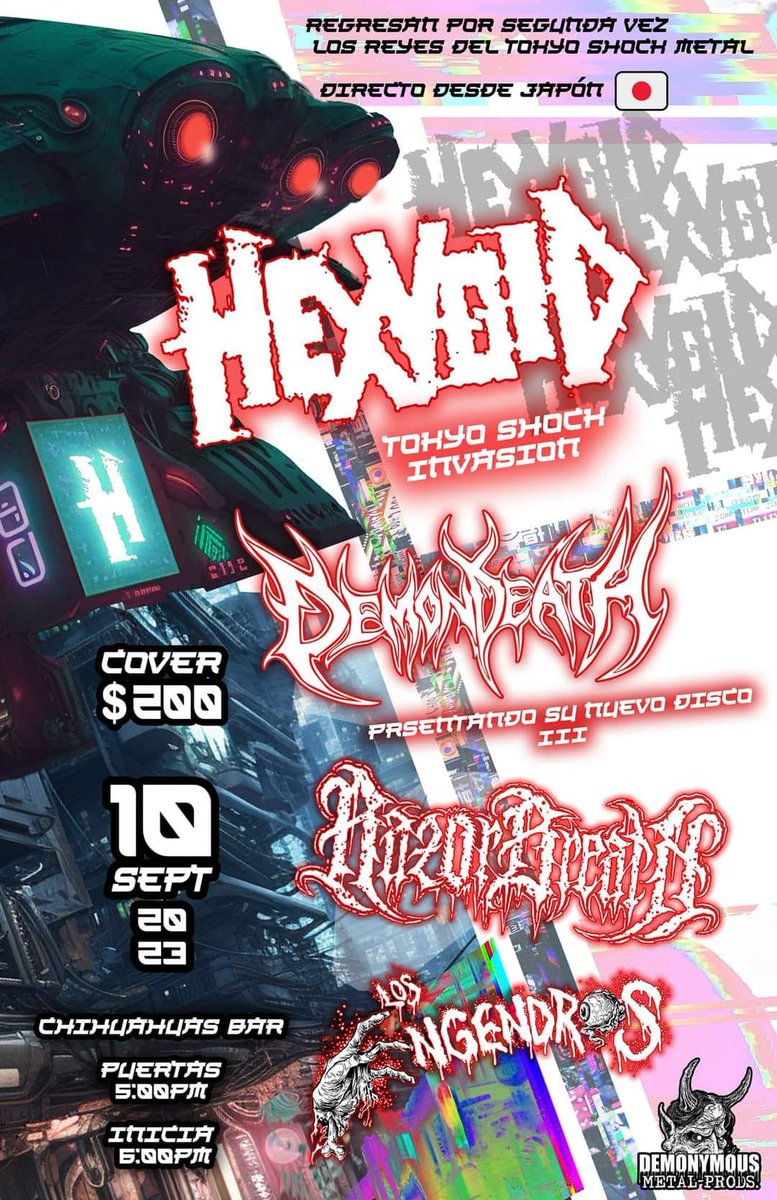 ARROW_JAPAN's tweet photo. Sunday, 9/10/2023
「HEXVOID North American Continental Tour 2023」
OPEN 5:00 PM / START 6:00 PM
COVER $200

[ACT]
HEXVOID(JAPAN)
DEMONDEATH
RazorBreath
Los Engendros

[VENUE]
Chihuahuas Rock
https://t.co/6ohS45Mikh

[INFO/TICKET]
Demonymous Metal Prods
https://t.co/0KR59rj4Hu https://t.co/VUpOqN7Qgq