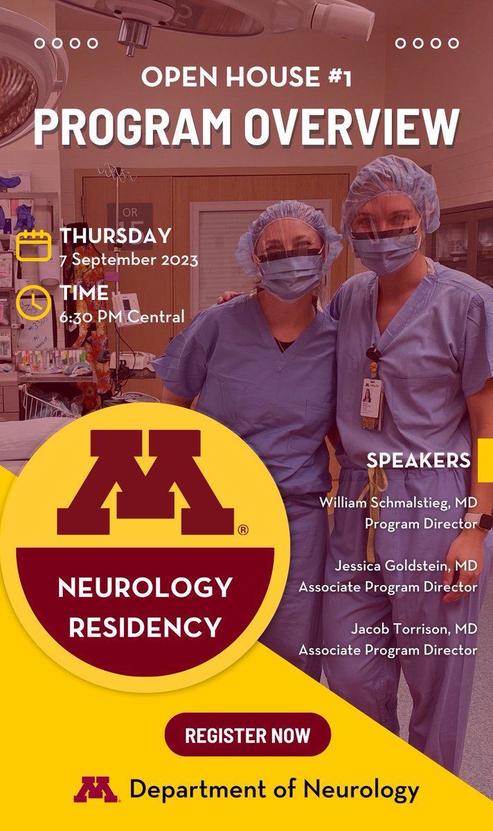 Join us on zoom in 1 hour for Open House #1 to learn more about our program!

📅: Today, 9/7
⏰: 6:30pm CT

👉Register now z.umn.edu/neuroopenhouse1

#umn #neurology #neuro #neurologymatch #nmatch #nmatch2024 #neuromatch2024 #neuromatch #neurotwitter