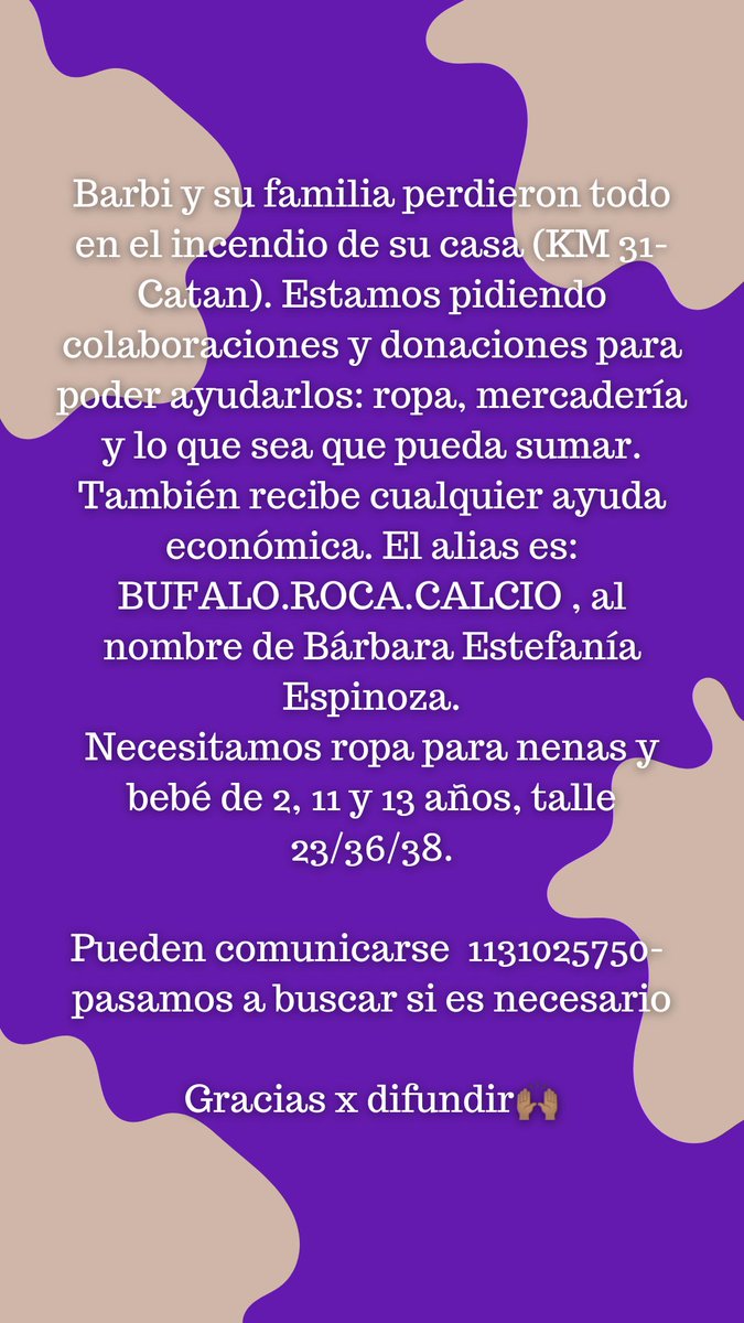 alexadelgaddo's tweet photo. Holi, se incendió la casa de mi prima y mi ahijadito. Les pido si pueden ayudar compartiendo💜 cualquier donación suma. También puedo ir a buscar lo que sea. Gracias! https://t.co/OSJesCbkpe