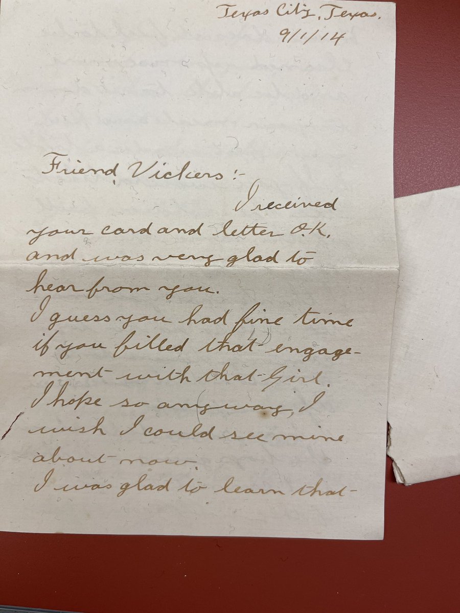 CityofTexasCity's tweet photo. This letter was written 109 years ago by a solider who was based at the Army camp in Texas City.

The letter &amp; many more items from the camp are on display at Texas City Museum.

There are exhibits from throughout our city’s history. Visit at 409 6th Street, Tue-Sat; 10am-4 pm. https://t.co/14MPaa3tPc