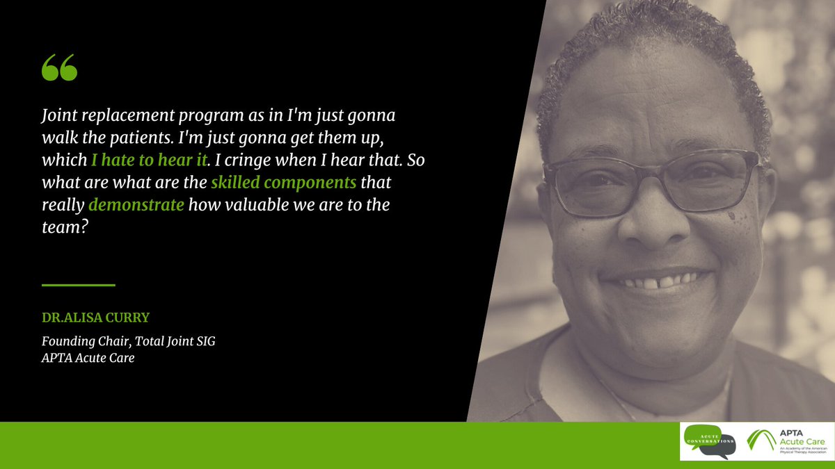 AcuteCareAPTA's tweet photo. 🎙️ICYMI: Our latest episode on joint therapy is a must-listen! Join use with found chair of the #TotalJoint SIG Dr Alisa Curry! #AcuteConversations #TotalJointReplacement #AcutePT #pttwitter #RehabInsights #physicaltherapy

🔗 https://t.co/MSz0wL52jj https://t.co/T7t9gy7XUO