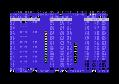 aleksieeben's tweet photo. Star Bars Atari 2600 Music Editor Version 1.4 is out! Download: https://t.co/G0c6r3Igjq
- Now 72 sound presets, F8 to switch preset bank
- Quick selection of subsounds by C=+1-4
- New global pattern length command (FF 1F)
#chiptune #atari2600 #tia #c64 #8bit #retro #starbars https://t.co/J1pTjjyLbh