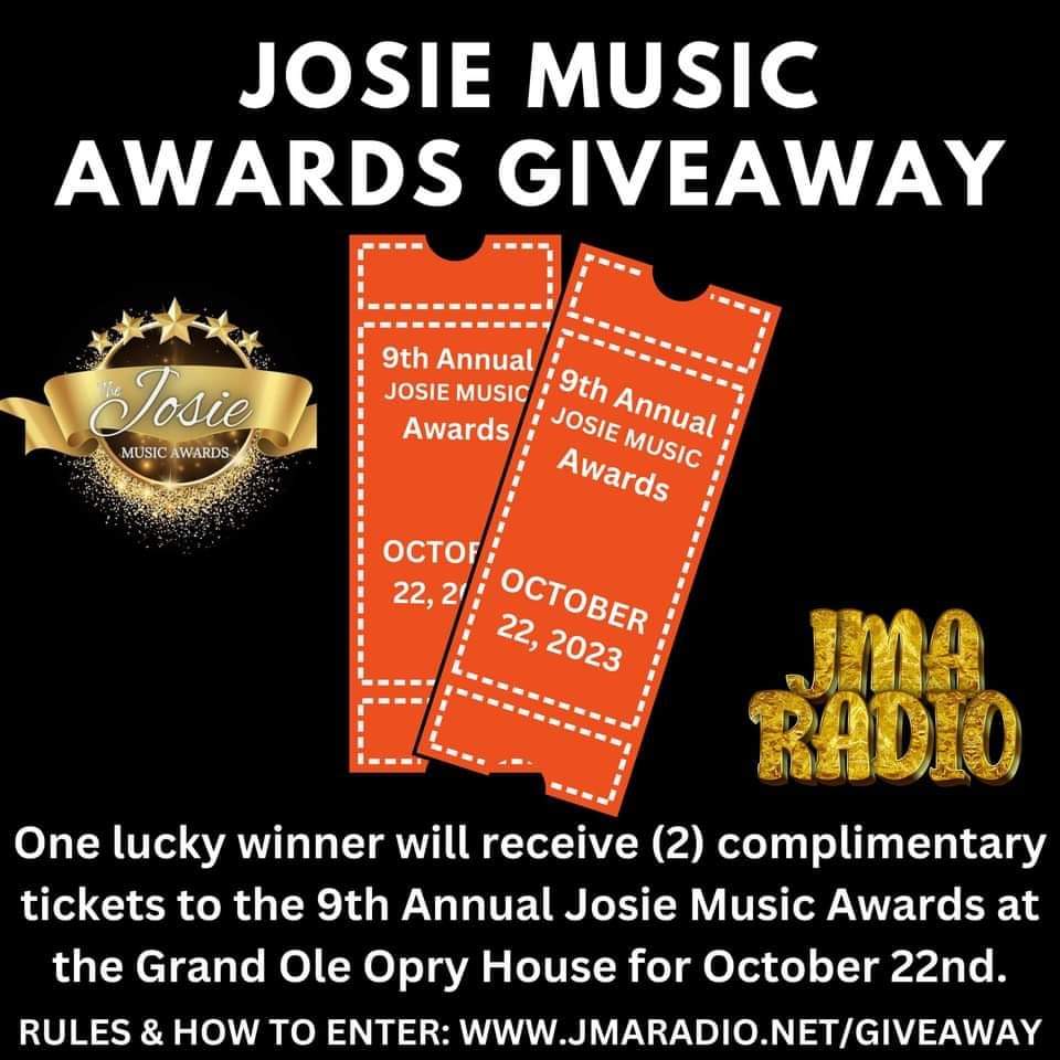 TODAY is the 𝐋𝐀𝐒𝐓 𝐃𝐀𝐘 to enter our giveaway! The giveaway closes today at midnight CST. Rules &amp; how to enter at jmaradio.net/giveaway. One lucky winner will receive (2) complimentary tickets for the Josie Music Awards on October 22nd at the Grand Ole Opry House!
