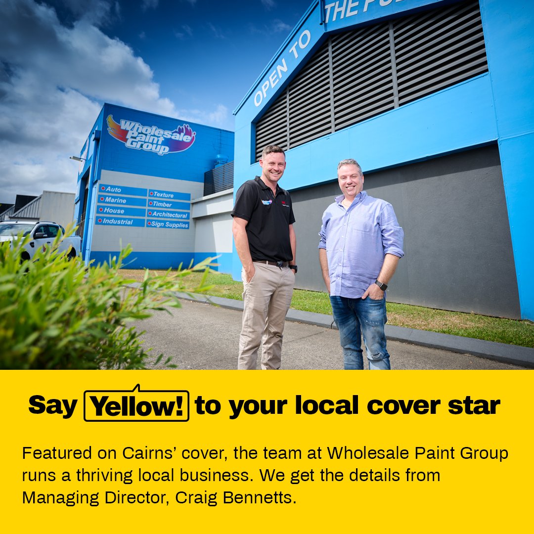 yellow_au's tweet photo. Shout out to Wholesale Paint Group, our 2023 Cairns Yellow Pages cover ⭐

Founded in 1979, Craig Bennett took over in 2006 and expanded across QLD &amp; NT. Yellow Pages has been a marketing staple for them. Their advice: “research, plan, and know your target market." https://t.co/UdD3sSRuKE