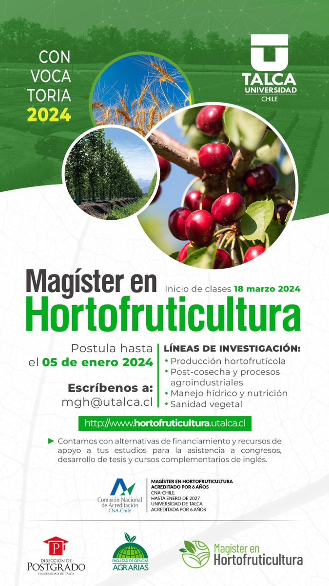 ⚠CONVOCATORIA ABIERTA⚠

Amplia tus conocmientos con nustro Magíster en Hortofruticultura 📚

🔹Más información en 👇
hortofruticultura.utalca.cl