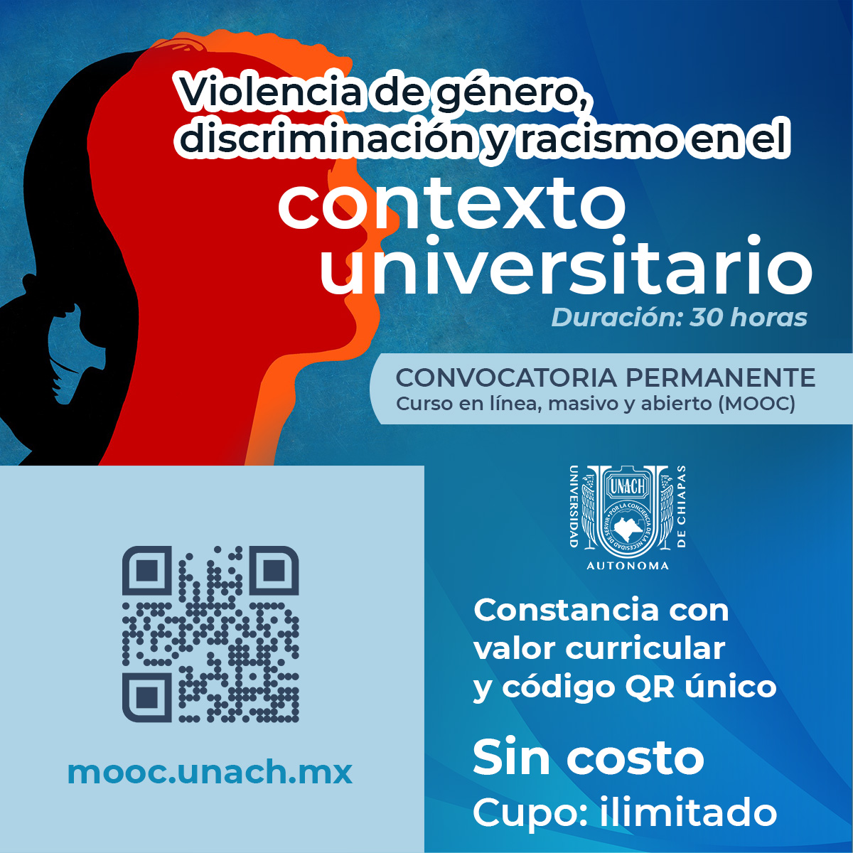 El propósito de este #MOOC es sensibilizar a la #ComunidadUNACH respecto a la violencia de género, discriminación y racismo. 
¡Fortalece tu compromiso con la Universidad! 
👉mooc.unach.mx