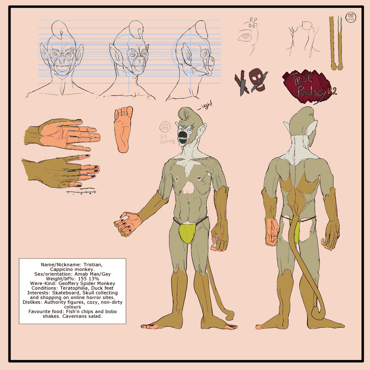 GregorMurph's tweet photo. Revision of Trist, with updated design sensibilities. Designing a svelte figure is tough for a big muscle guy.
A horror flick skater who likes his monsters. Monke ๐ต๐งก๐พ
#characterdesign #furryart #monkeee https://t.co/70PXL2W1tO
