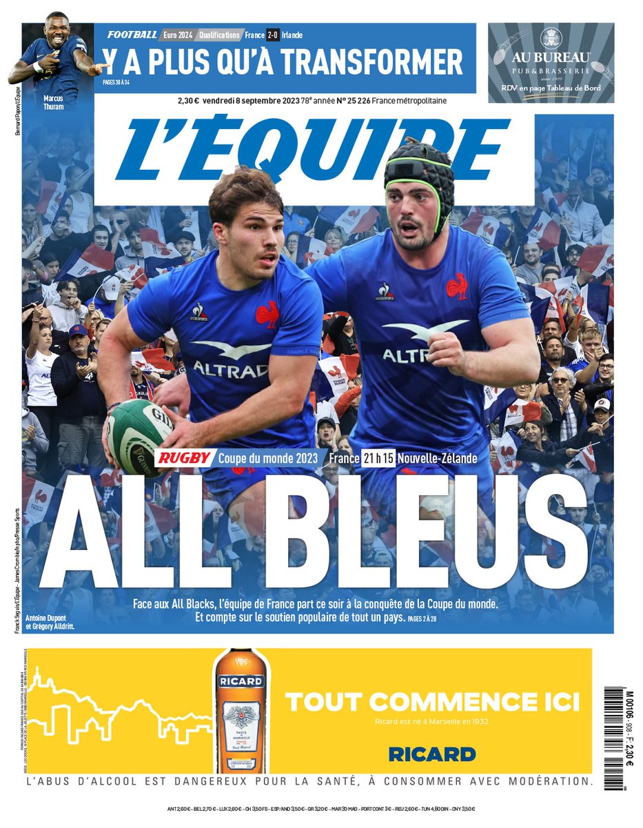 La une de L'Équipe du vendredi 8 septembre.