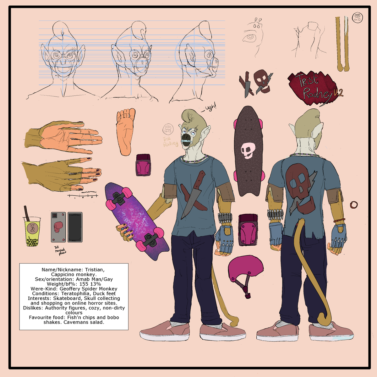 GregorMurph's tweet photo. Revision of Trist, with updated design sensibilities. Designing a svelte figure is tough for a big muscle guy.
A horror flick skater who likes his monsters. Monke ๐ต๐งก๐พ
#characterdesign #furryart #monkeee https://t.co/70PXL2W1tO
