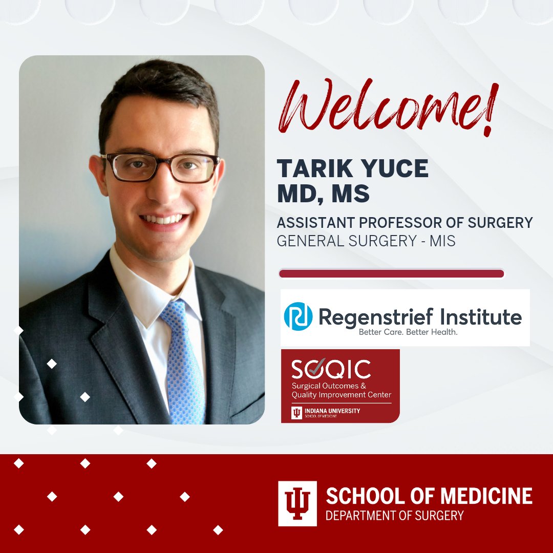 Welcome to IU Surgery, Tarik Yuce, MD, MS! 
[<a href="/TarikYuceMD/">Tarik Yuce</a>]
Quick facts: 
⭐FEL: <a href="/OhioStateMed/">The Ohio State University College of Medicine</a> and <a href="/NorthwesternMed/">Northwestern Medicine</a>
⭐Assistant Professor of Surgery in General Surgery focused on MIS
⭐Research Focus: Bariatric surgery, with a particular interest in issues surrounding access to