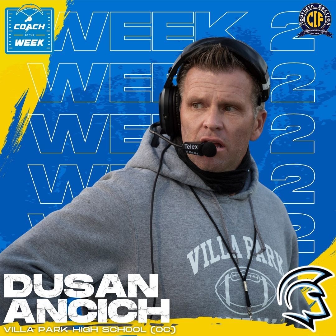 CIF Southern Section (@cifss) on Twitter photo Week 2️⃣ <a href="/chargers/">Los Angeles Chargers</a> Orange County Coach of the Week goes to <a href="/VPHSathletics/">Villa Park Athletics</a> head coach, Dusan Ancich! 👏🏈⚡️
Congratulations coach, and good luck to you and your team this football season!
Check back next Tuesday to see which coaches from our section are nominated for Week 3! 👀 Week 2️⃣ <a href="/chargers/">Los Angeles Chargers</a> Orange County Coach of the Week goes to <a href="/VPHSathletics/">Villa Park Athletics</a> head coach, Dusan Ancich! 👏🏈⚡️
Congratulations coach, and good luck to you and your team this football season!
Check back next Tuesday to see which coaches from our section are nominated for Week 3! 👀