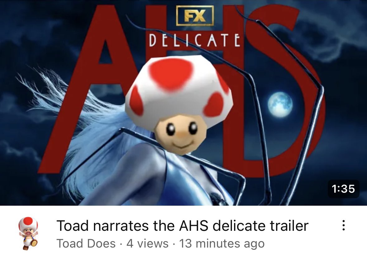 Toad_does's tweet image. American Toad Story 😈 

Subscribe!

Full video: youtu.be/-H5UggC-dhY?fe…

/// Tags ///
#AHSFX #AmericanHorrorStory #KimKardashian #delicate #AHSdelicate #cashapp #thursdayvibes , switch 2 , Wii u , Nintendo console , toad , Mario , Sarah Paulson , Toadette
