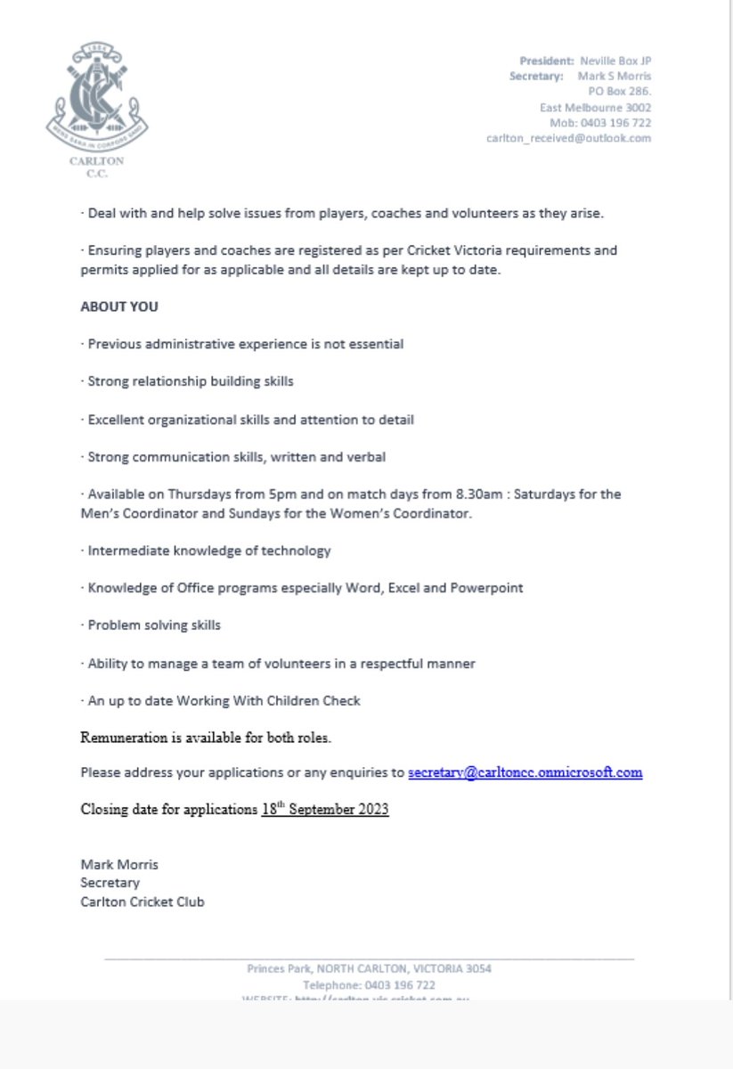 CarltonCCScores's tweet photo. Are you interested in joining Carlton Cricket Club as an Administrator?

We have two important roles to fill and are looking for a Women’s Program Coordinator and a Men’s Program Coordinator.

See attached Ad.

@cricketvictoria https://t.co/LvytsjgNUA