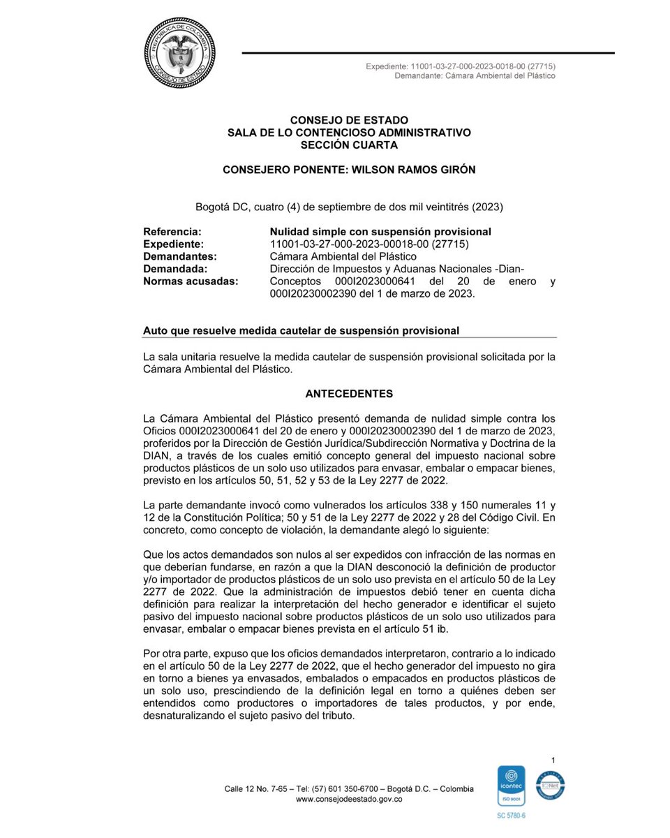 incpcol's tweet photo. #INFOINCP El @consejodeestado suspendió provisionalmente dos apartes sobre el sujeto pasivo del impuesto a los plásticos de un solo uso por mala interpretación de la DIAN. Conoce los detalles en la Sentencia 27715 de 2023, descárgala aquí ⬇
https://t.co/OqgF5kRA4u https://t.co/JwoC9X5tJP
