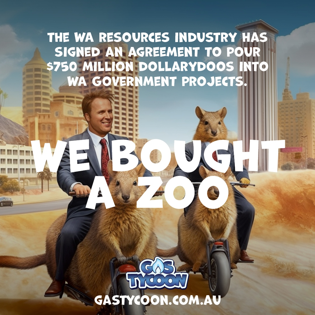 WA resources industry (yep, the #fossilfuel guys) have committed $750 million to WA government projects...

…Wonder what they have asked for in return?🤔

Play Gas Tycoon. It's the gas. gastycoon.com.au
#gastycoon #tycoonterry #frackettes #taxgasnow #prrt