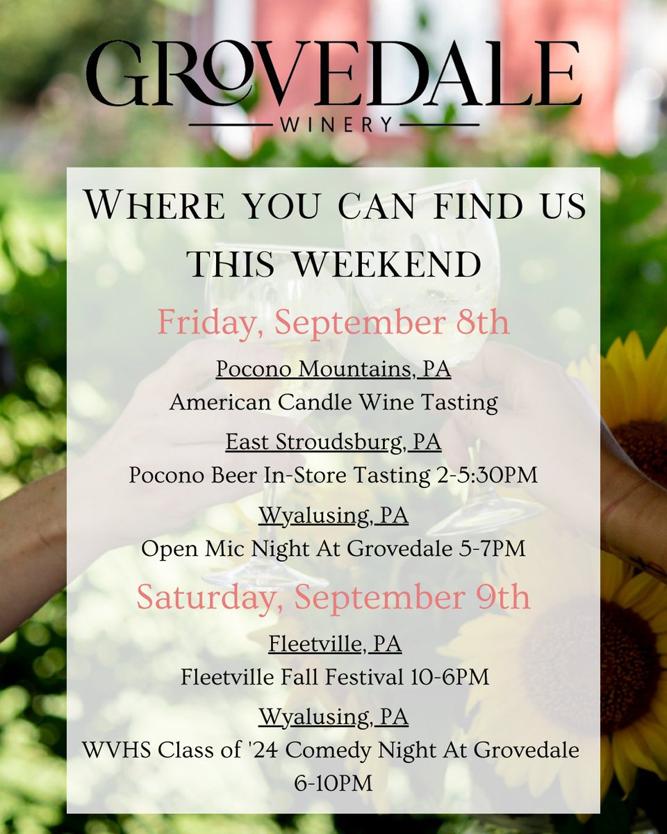 grovedalewinery's tweet photo. Join us at our tasting room this Friday for an Open Mic Night from 5-7PM or on Saturday night from 6-10PM for the WVHS Comedy Night at Grovedale! 🍷 If you're in any of the other areas this weekend visit us for a wine tasting! 🤩🍷

#discovernepa #pawines #winelovers #localwinery https://t.co/c8hyvTQXDV