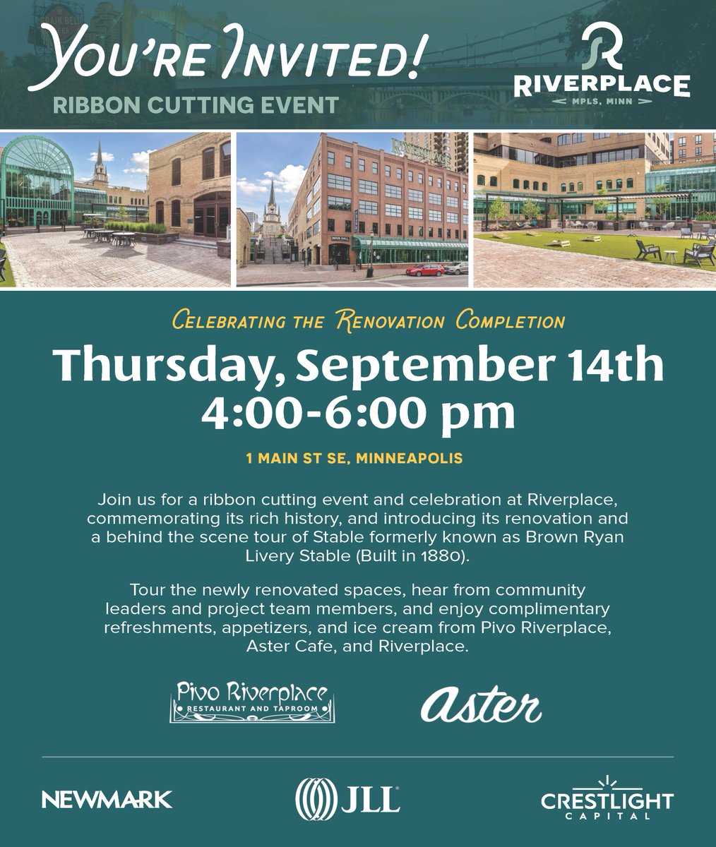 Come help us celebrate the renovation of Riverplace! The entire development have been completely re-shaped and looks AMAZING. We will be doing a ribbon cutting with Mayor Frey and CM Rainville early in the event. Hope to see you.