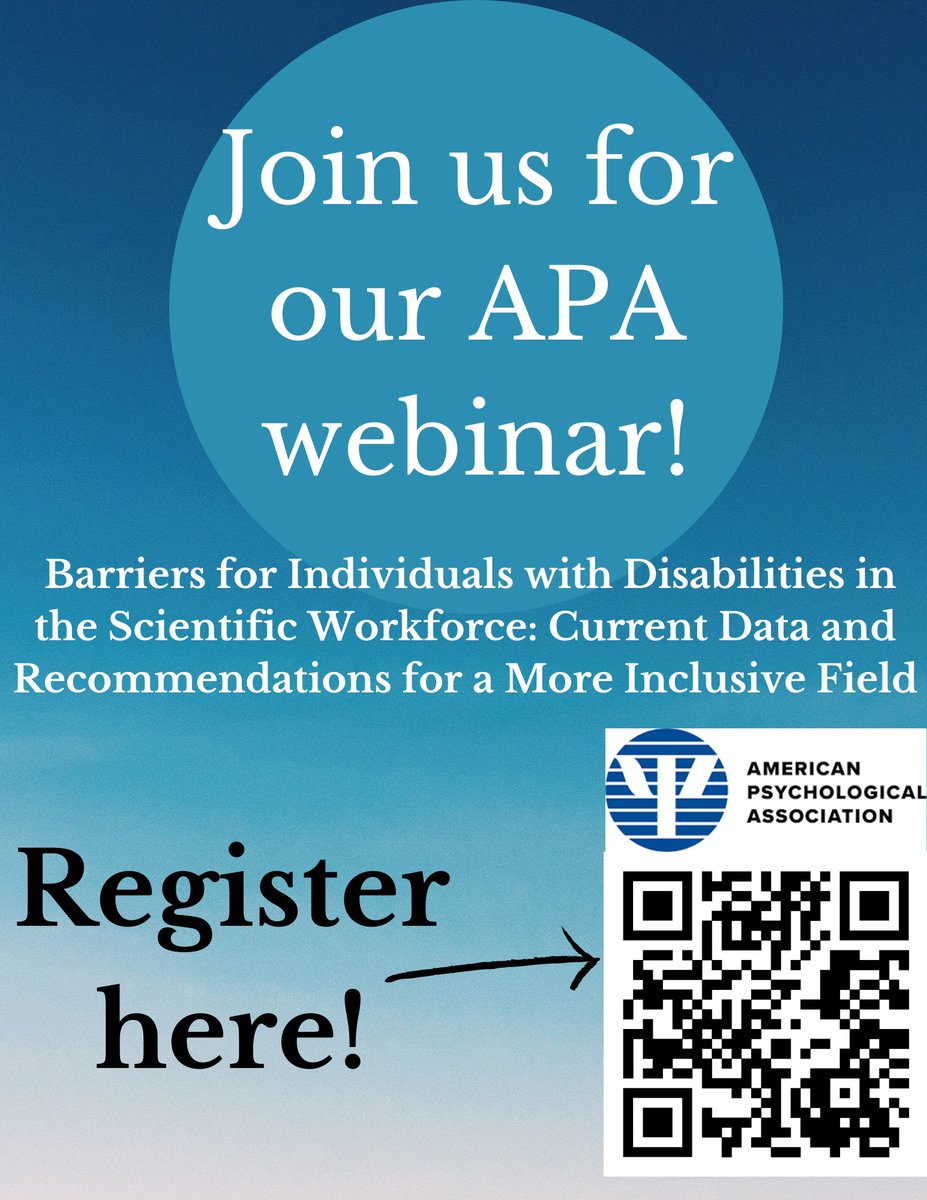 DARN (Disability Advocacy & Research Network) (@darn_disability) on Twitter photo Next Tuesday, <a href="/kathleen_bogart/">Dr. Kathleen Bogart 🦓</a> will be representing DARN on an <a href="/APA/">American Psychological Association</a> webinar on barriers for individuals with #disability in #science and #psychology.
Register for free here:
zoom.us/webinar/regist… Next Tuesday, <a href="/kathleen_bogart/">Dr. Kathleen Bogart 🦓</a> will be representing DARN on an <a href="/APA/">American Psychological Association</a> webinar on barriers for individuals with #disability in #science and #psychology.
Register for free here:
zoom.us/webinar/regist…