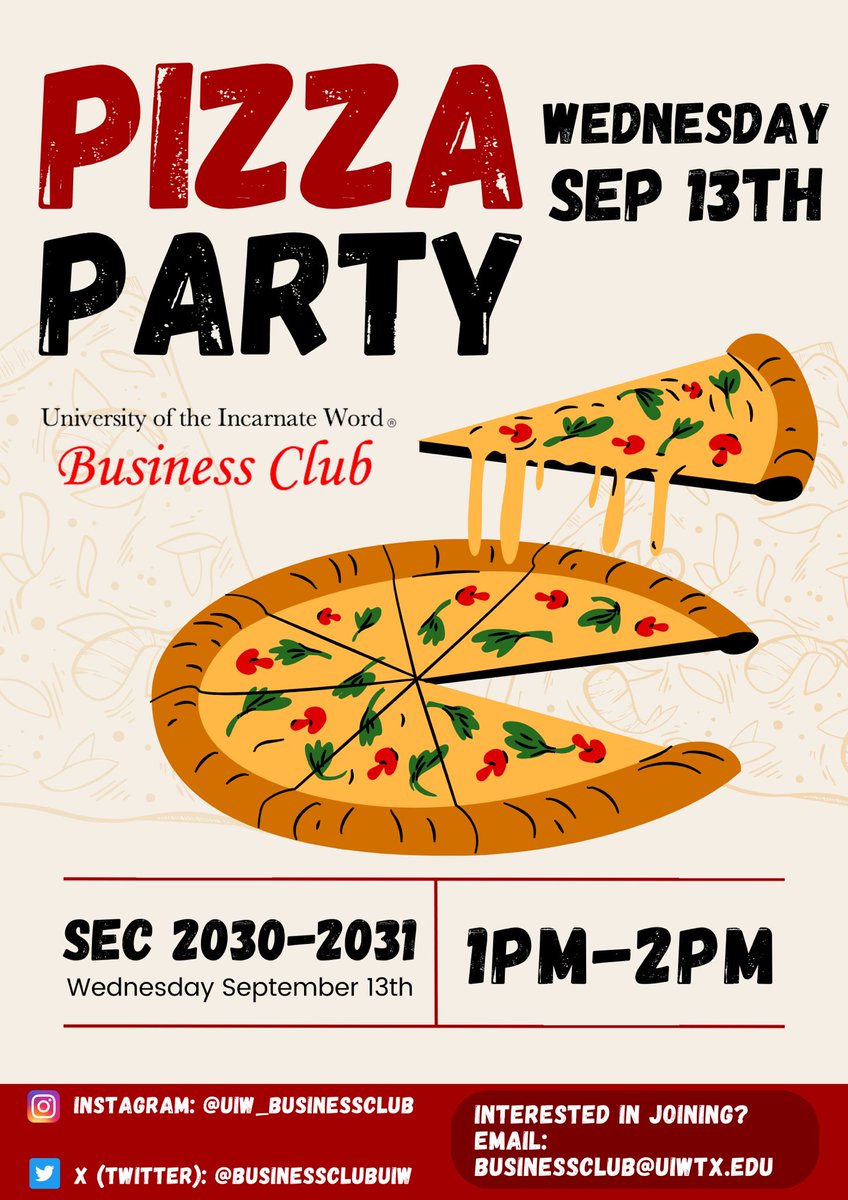 BusinessClubUIW's tweet photo. PIZZA PARTY 🍕🥳

Join us for our first social event of the year! This is the perfect opportunity to meet your officers and fellow business club members. Feel free to stop by for some free food! BRING YOUR FRIENDS! 🎉

📆 WEDNESDAY SEPTEMBER 13TH
📍 SEC 2030-2031
⏰ 4-5PM https://t.co/4SIxfH5urF