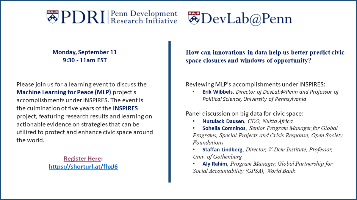Join us on Sept 11 from 9:30-11am to discuss the Machine Learning for Peace project's accomplishments under @Inspires_news and a panel of top researchers and practitioners talking about #MachineLearning applications. 

Register here: shorturl.at/fhxJ6