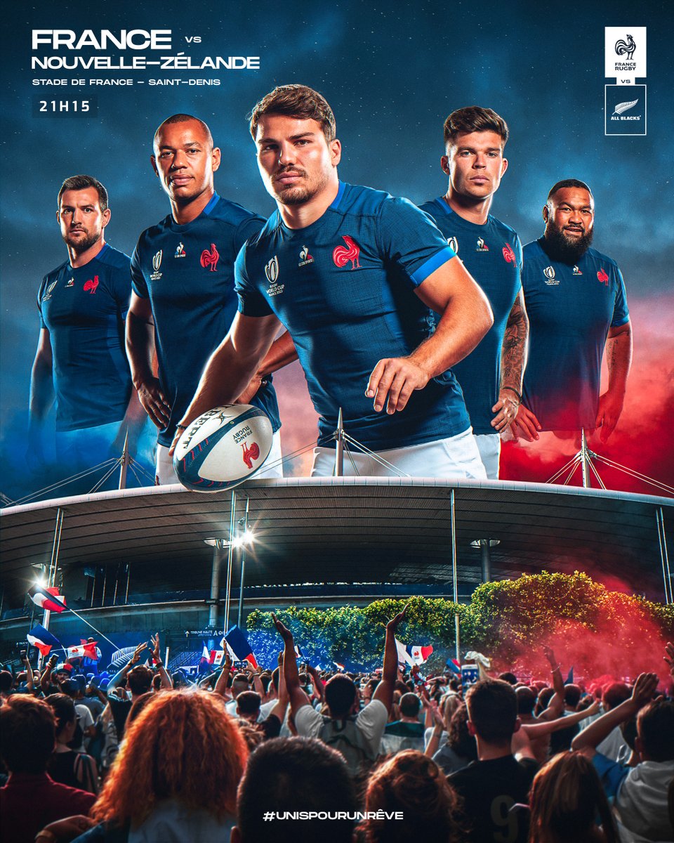 😍🔥 La 𝐂𝐎𝐔𝐏𝐄 𝐃𝐔 𝐌𝐎𝐍𝐃𝐄 commence aujourd'hui !

🇫🇷⚔️🇳🇿 Le #XVdeFrance affronte les <a href="/AllBlacks/">All Blacks</a> en ouverture de la #RWC2023 ! 

🕘 21h15
📺 <a href="/TF1/">TF1</a> 

#UnisPourUnRêve #NeFaisonsXV #FRAvNZL