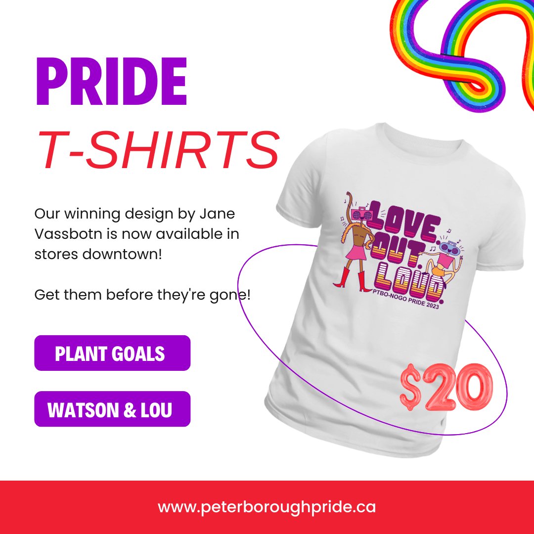 PTBO-NOGO Pride 2023 T-Shirts are now available! 🥳

The Limited Edition 2023 Peterborough Pride T-shirts featuring the sharp “LOVE. OUT. LOUD." design.

📍Pick yours up at Watson &amp; Lou or Plant Goals  until October 2nd for $20 cash.