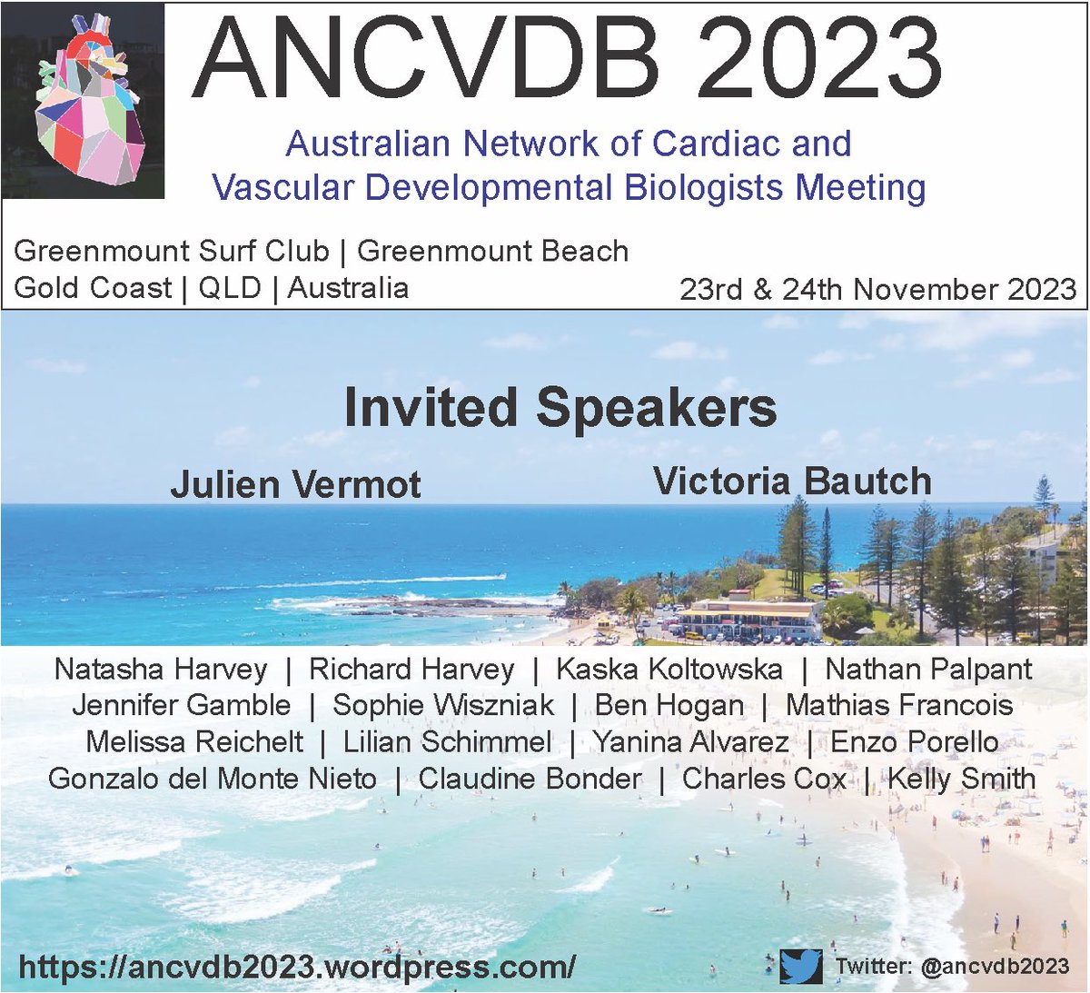 Excited to announce the 10th meeting of the acronym nobody ever remembers correctly: ANCVDB! (Australian Network of Cardiac and Vascular Developmental Biologists) Mark November 23/24th in your calendars for science and surf on the Gold Coast!