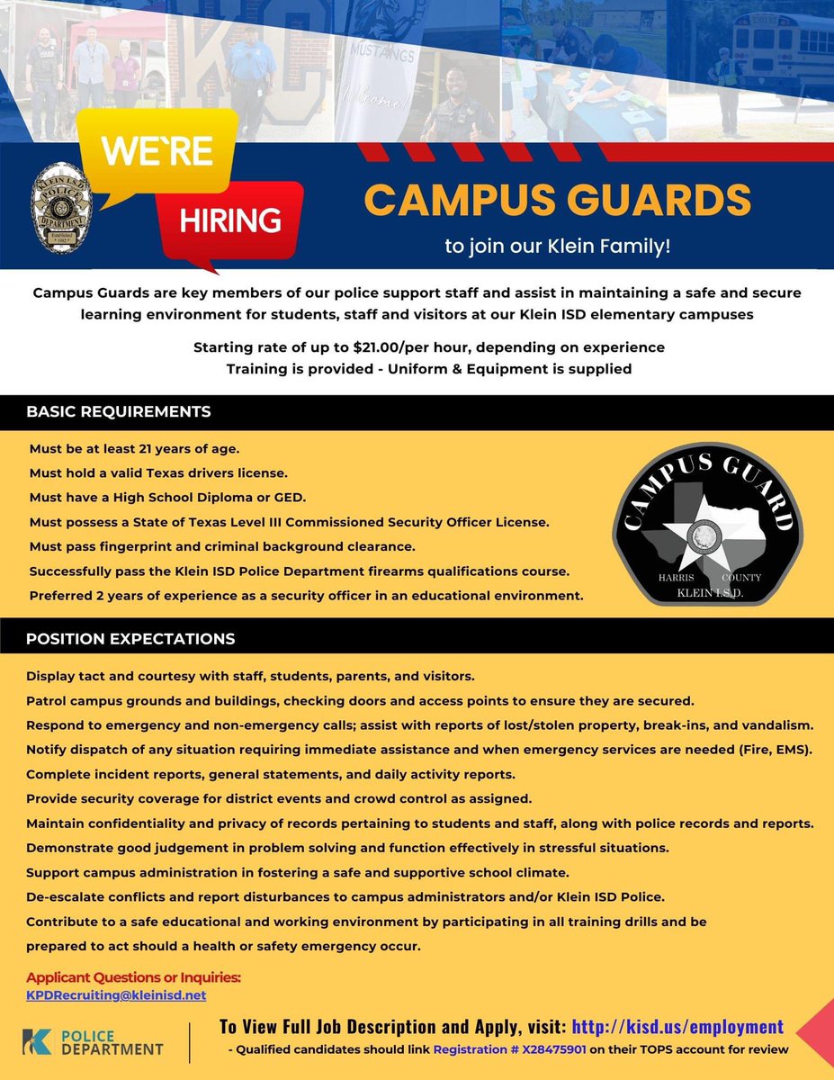 We are seeking reliable and highly motivated commissioned level III security guards to join our#KleinFamily. If you or someone you know are a good fit then drop us an app.! @kleinisdpd @KleinISD