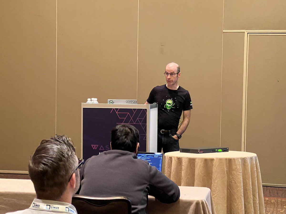 linuxfoundation's tweet photo. Great presentation from Liam Crilly about how to do server side #WebAssembly!

View the schedule: https://t.co/oCtMlTLfTH
#wasmcon #wasm https://t.co/e6LkigAftf