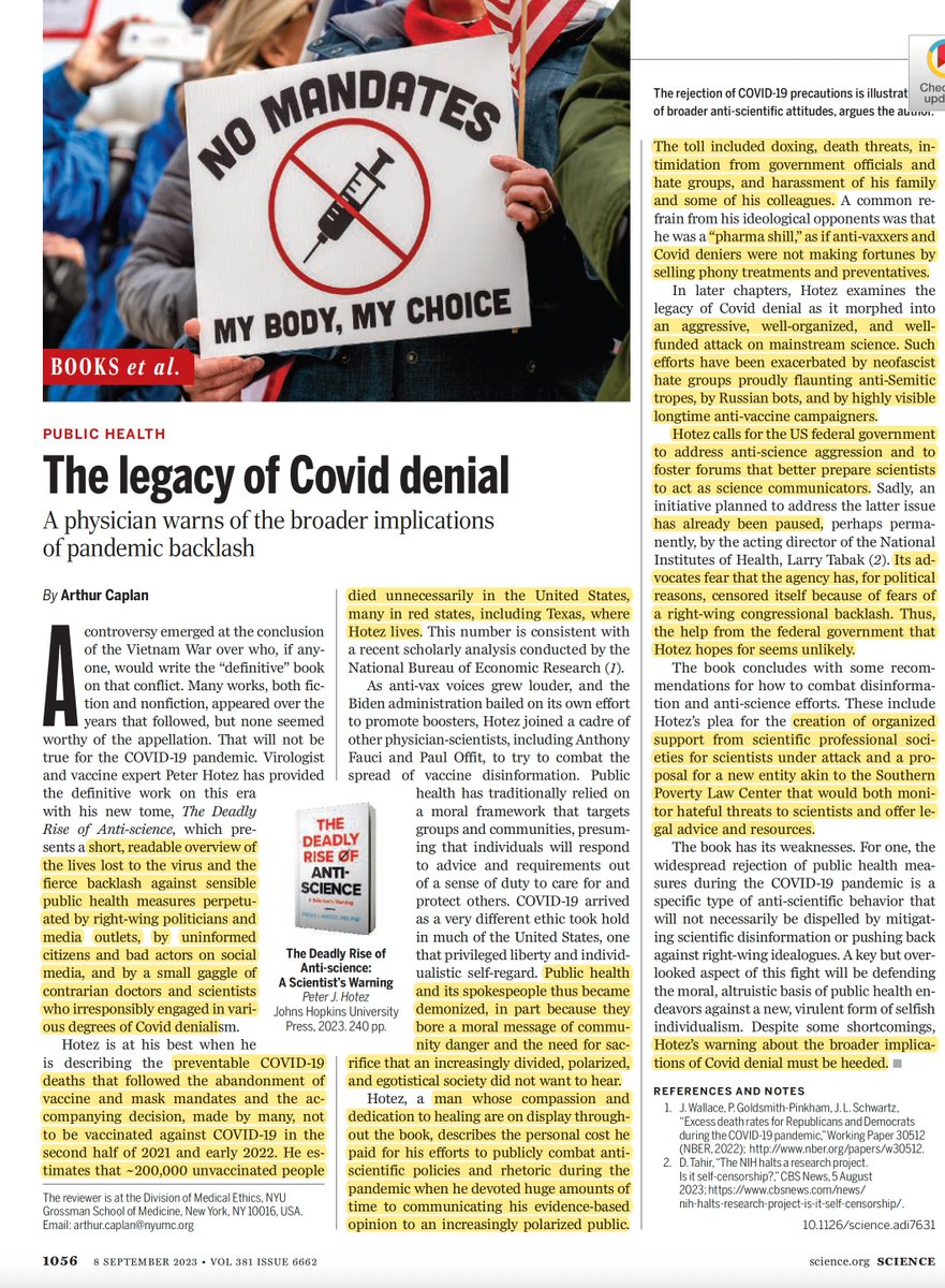 EricTopol's tweet photo. An outstanding @ScienceMagazine review of @PeterHotez's new book THE DEADLY RISE OF ANTI-SCIENCE https://t.co/DcQ2QjEnPN by @ArthurCaplan 
"a man whose compassion and dedication to healing are on display throughout the book, describes the personal costs he paid for his efforts.." https://t.co/TQQxIQvTNR