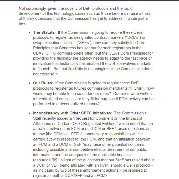lex_node's tweet photo. a powerful dissent from Commissioner Summer K. Mersinger, pointing out there is no compliance path for DeFI protocols
at least there are still some voices of reason
https://t.co/3UGuLbHu3k https://t.co/S0ebU2yPHW