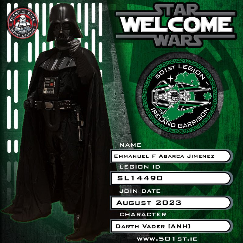 501stIreland's tweet photo. Please join us in welcoming our latest new member, SL14490. Congratulations Emmanuel on your brilliant Darth Vader (ANH) build.
Time to go &amp; put some manners on some of your staff.

#WelcomeToTheGarrison #501stIreland #SithLord #DarthVader #SLD #WelcomeToTheTeam https://t.co/MgahrJv6yR