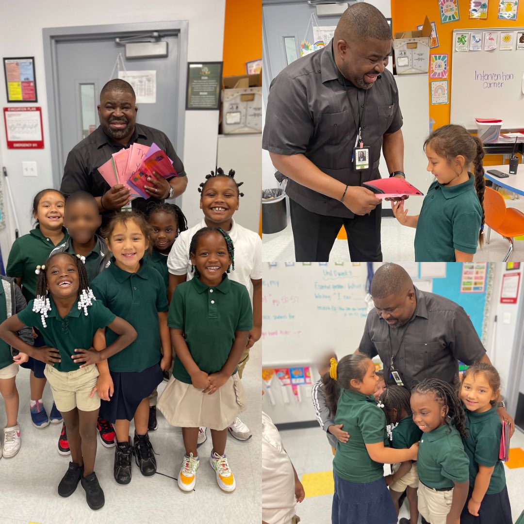 Our #ThankfulThursday recognition goes to Ms. Trabanino’s kindergarteners.  They presented our proud principal with Thank You Cards for the story he read to them last week. “Happiness is itself a kind of gratitude”. 
#yourbestchoicemdcps #ETOStrong #Mustangpride@luisasantosd9