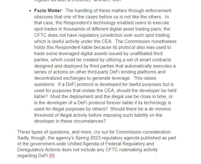 lex_node's tweet photo. a powerful dissent from Commissioner Summer K. Mersinger, pointing out there is no compliance path for DeFI protocols
at least there are still some voices of reason
https://t.co/3UGuLbHu3k https://t.co/S0ebU2yPHW