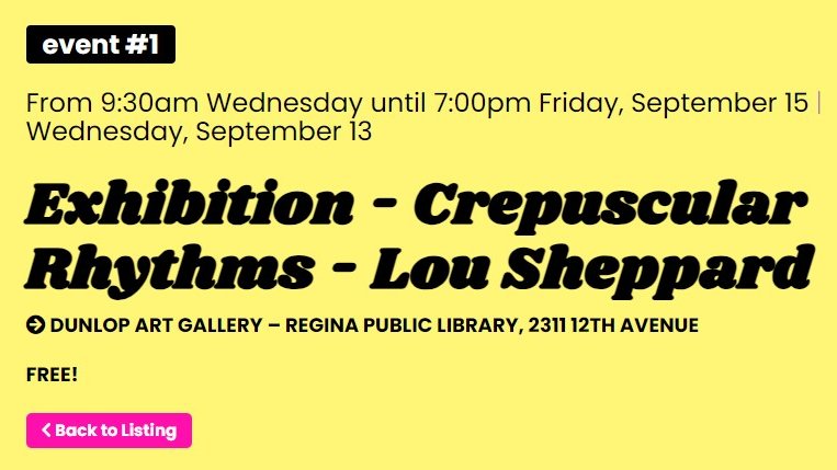 Starting Sept 13 see Lou Sheppard's exhibition, Crepuscular Rhythms, in our gallery window at Central Library as part of <a href="/QueerCityCinema/">Queer City Cinema</a>'s Performatorium.

Join Lou's performance Sept 15 6:45PM. Grab a light sensitive t-shirt and walk through Victoria Park to <a href="/Neutral_Ground/">Neutral Ground Artist-Run Centre</a>.
