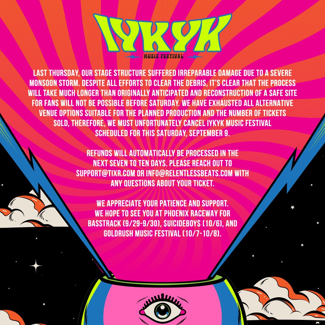 💔👁 With a heavy heart, we must announce that IYKYK is cancelled this weekend. Refunds will be processed in 7-10 days.