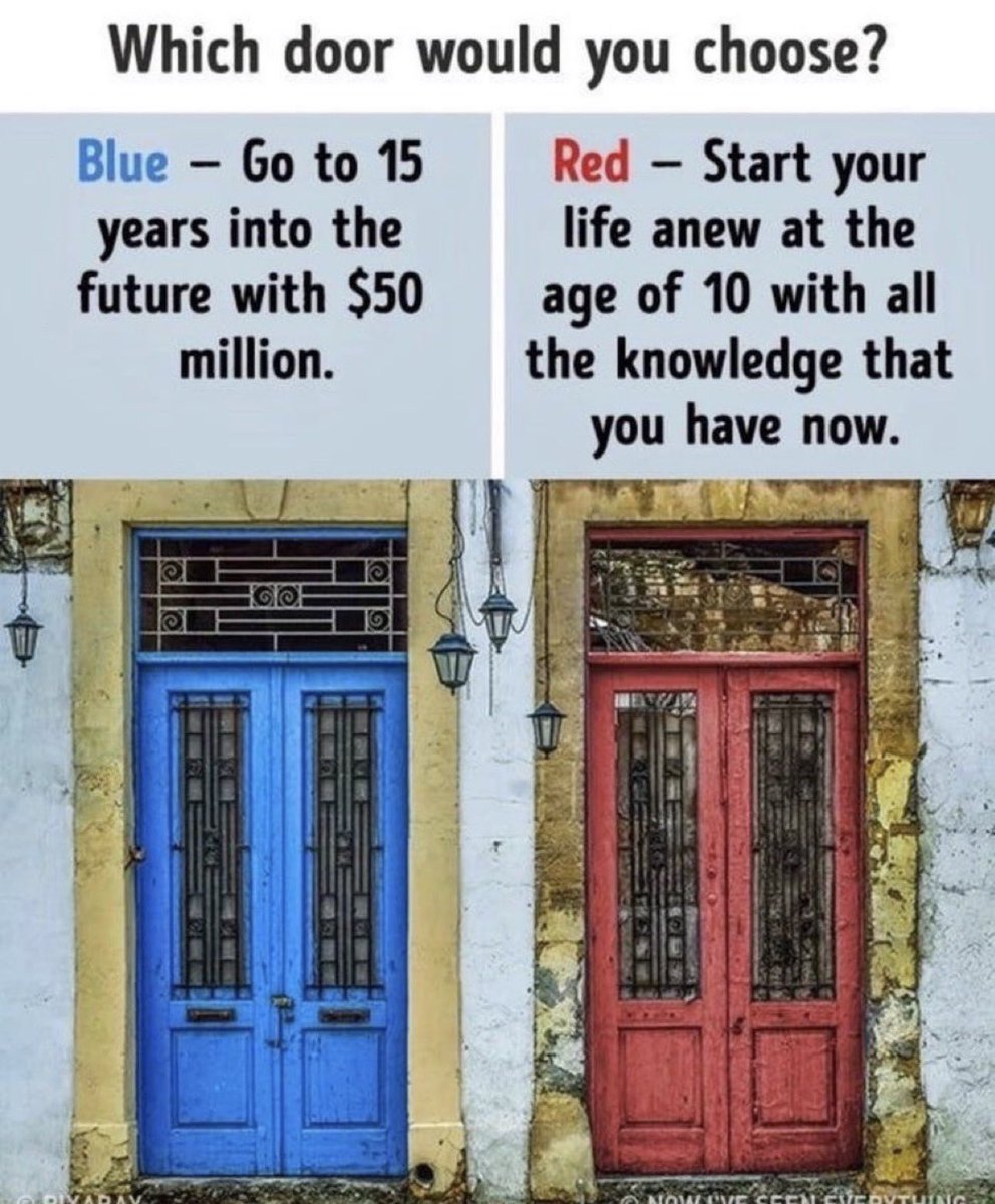 15 years with $50 Million? Nah I ain't doing that. • I would choose the Red door, go back to being 10 with all of the knowledge I have now in crypto • Get as many analytical and trading tools as possible like sniper/trading bots so I can snipe launched like Shiba, safe moon,…